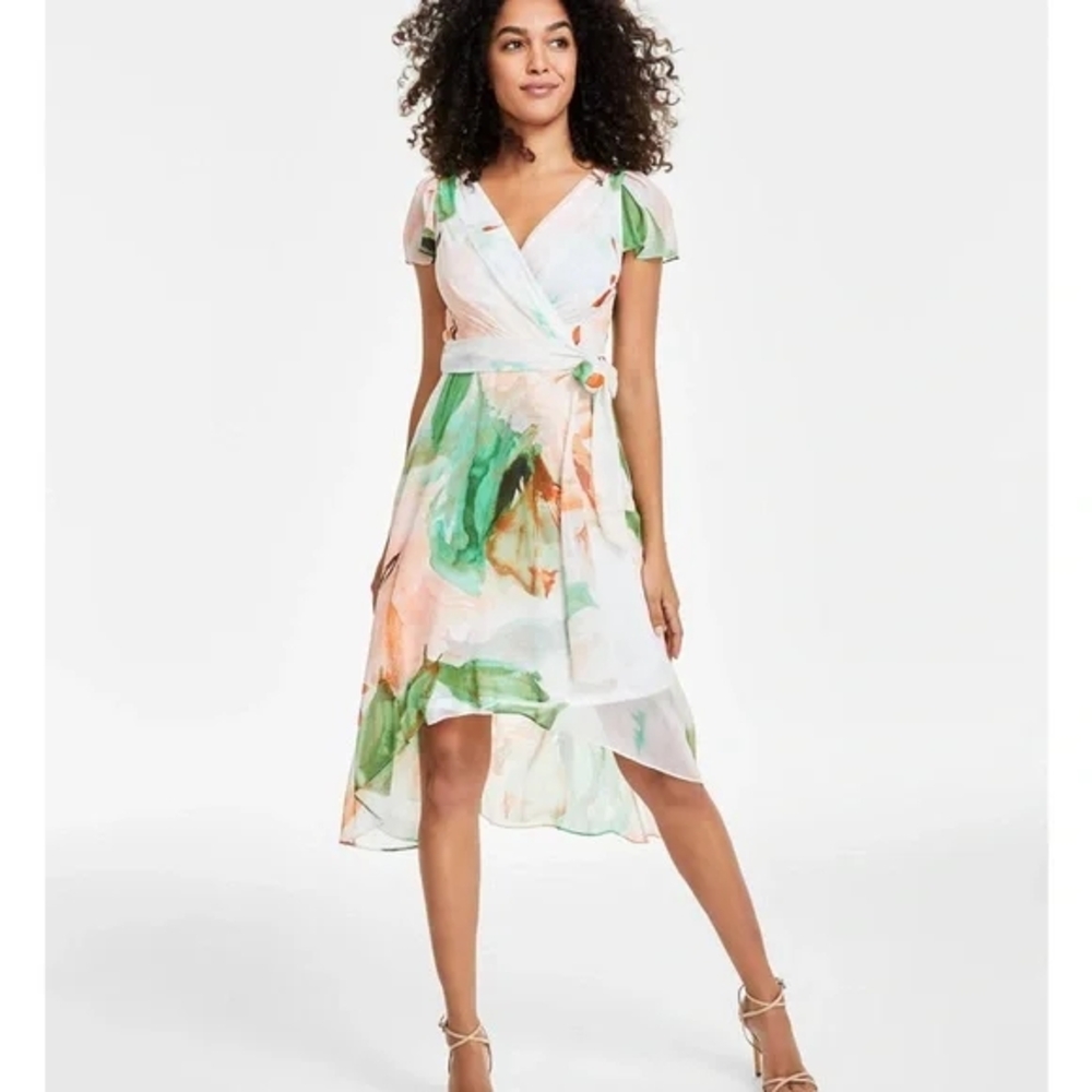 DKNY Flutter Sleeve Floral Wrap Sundress, NWT 12P